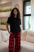 Women summer pajama set Black T-shirt + Red X Black Checkered Pants
